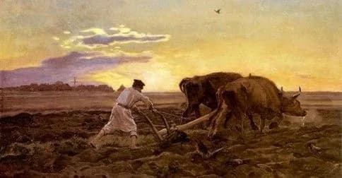 Reprodukcja obrazu olejnego: rolnik prowadzi drewniany pług zaprzężony w parę wołów po polu o zachodzie słońca.