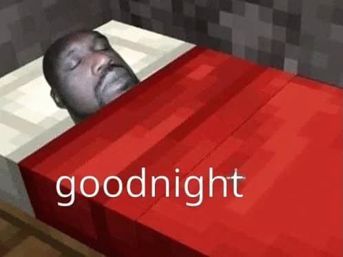 Żartobliwy mem internetowy: twarz mężczyzny wystająca z czerwonej kołdry w stylu gry Minecraft, z podpisem „goodnight”