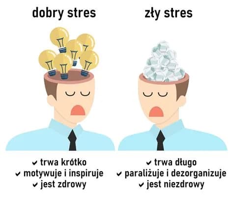 Grafika porównująca dobry i zły stres: jedna głowa pełna żarówek, druga pełna zmiętych kartek