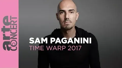 Portret łysego DJ-a Sama Paganiniego z koncertu Time Warp 2017, z logo ARTE Concert